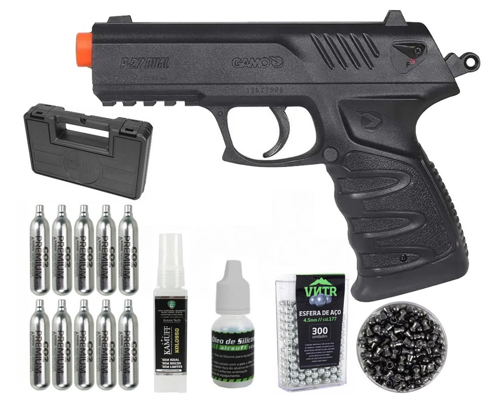 Pistola de Pressão CO2 Gamo P-27 Dual Ammo 4,5mm - compatível com Chumbinhos e BBs + Co2 + Chumbinho + BBS + Alvos + Case + Kamuff + Óleo de Silicone