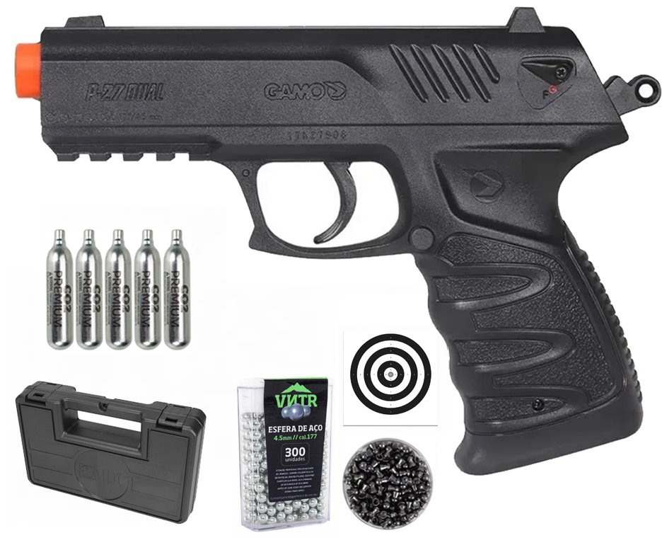 Pistola de Pressão CO2 Gamo P-27 Dual Ammo 4,5mm - compatível com Chumbinhos e BBs + Co2 + Chumbinho + BBS + Alvos + Case
