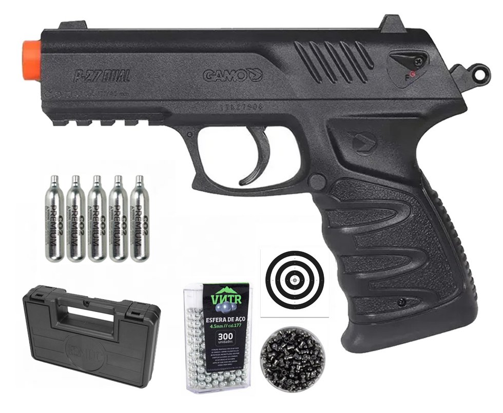 Pistola de Pressão CO2 Gamo P-27 Dual Ammo 4,5mm - compatível com Chumbinhos e BBs + Co2 + Chumbinho + BBS + Alvos + Case