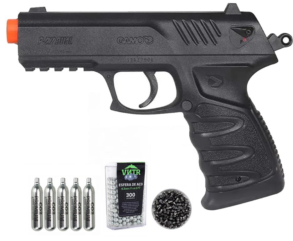 Pistola de Pressão CO2 Gamo P-27 Dual Ammo 4,5mm - compatível com Chumbinhos e BBs + Co2 + Chumbinho + BBS