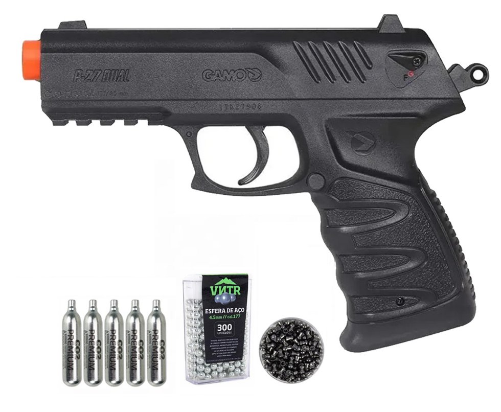 Pistola de Pressão CO2 Gamo P-27 Dual Ammo 4,5mm - compatível com Chumbinhos e BBs + Co2 + Chumbinho + BBS