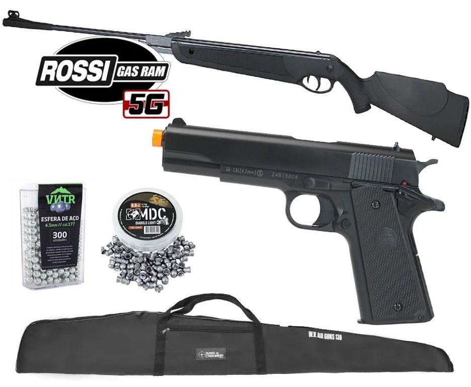 Carabina de Pressão Rossi Dione 5G Gás Ram 60kg 5,5mm + Capa + Chumbos + Pistola de Pressão + BBS