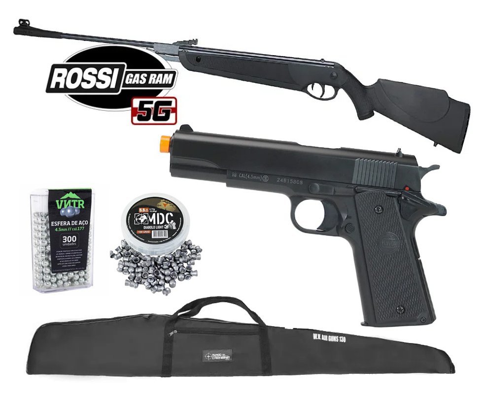 Carabina de Pressão Rossi Dione 5G Gás Ram 60kg 5,5mm + Capa + Chumbos + Pistola de Pressão + BBS