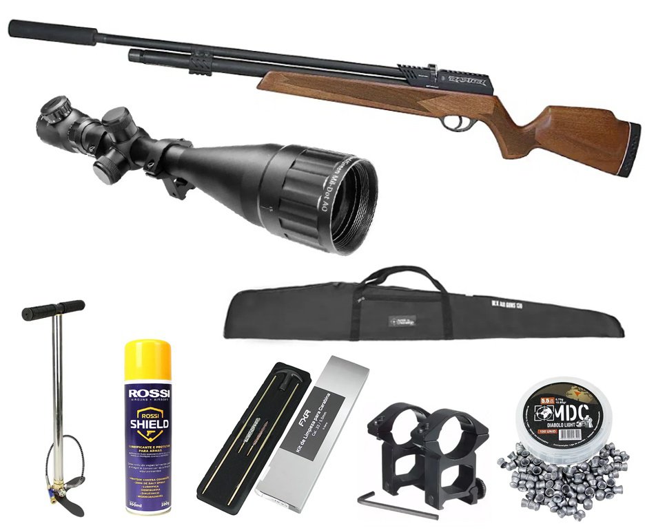 Carabina de Pressão PCP Raptor Rossi Semi Auto Madeira VR 5,5mm + Bomba + Capa + Luneta 6-24x50 + Chumbo + Kit de Limpeza + Desengripante