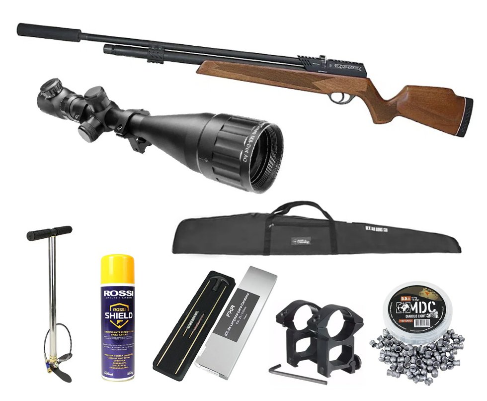 Carabina de Pressão PCP Raptor Rossi Semi Auto Madeira VR 5,5mm + Bomba + Capa + Luneta 6-24x50 + Chumbo + Kit de Limpeza + Desengripante