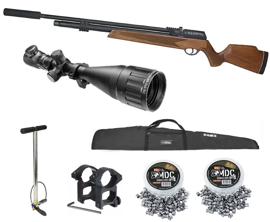 Carabina de Pressão PCP Raptor Rossi Semi Auto Madeira VR 5,5mm + Bomba + Capa + Luneta 6-24x50 + Chumbo