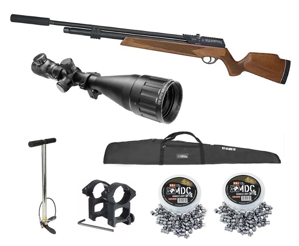 Carabina de Pressão PCP Raptor Rossi Semi Auto Madeira VR 5,5mm + Bomba + Capa + Luneta 6-24x50 + Chumbo