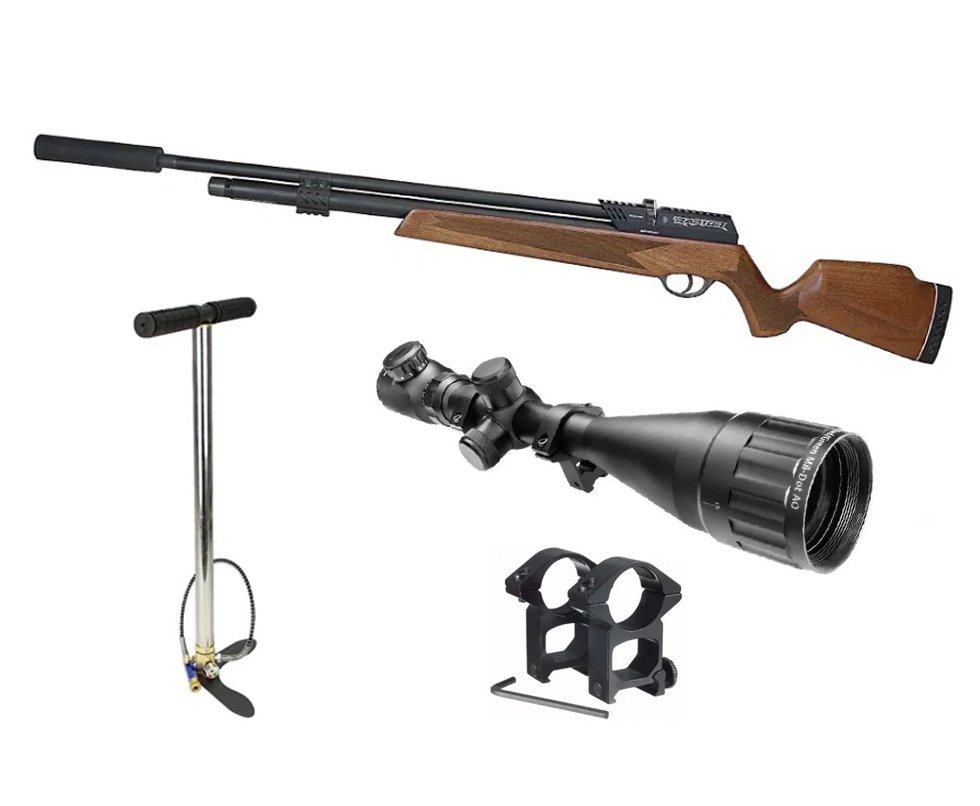 Carabina de Pressão PCP Raptor Rossi Semi Auto Madeira VR 5,5mm + Bomba + Luneta 6-24x50