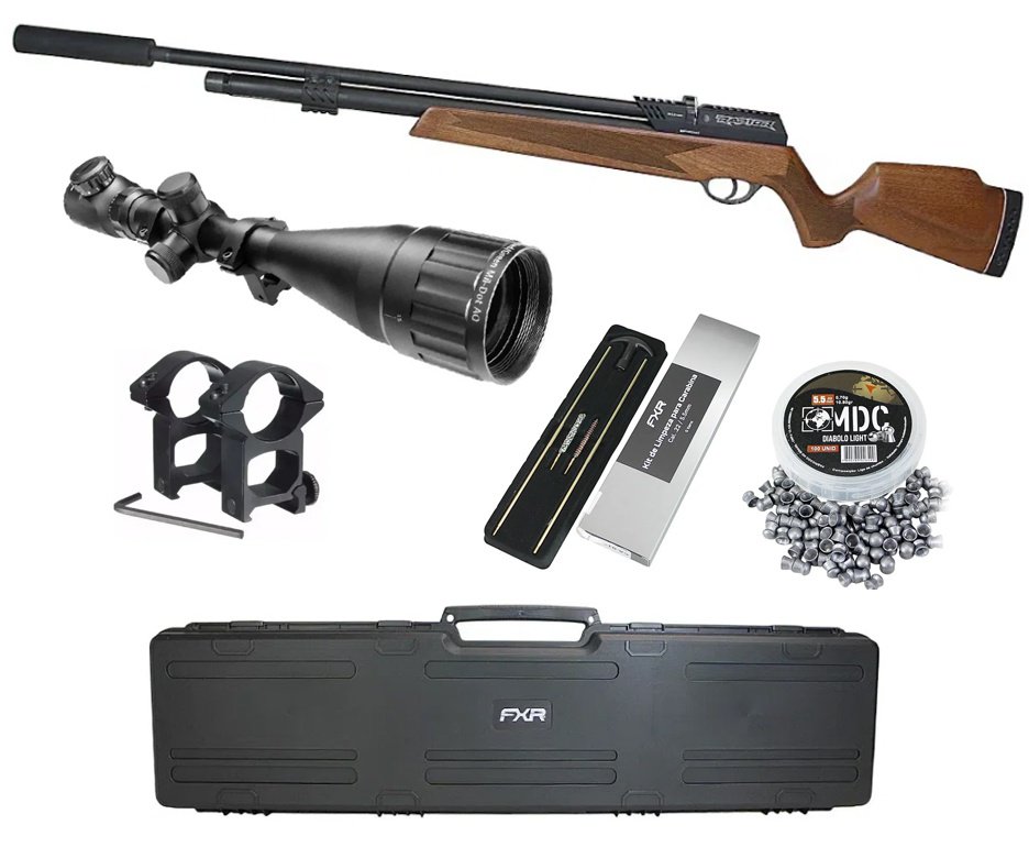 Carabina de Pressão PCP Raptor Rossi Semi Auto Madeira VR 5,5mm + Case + Luneta 6-24x50 + Chumbo + Kit de Limpeza