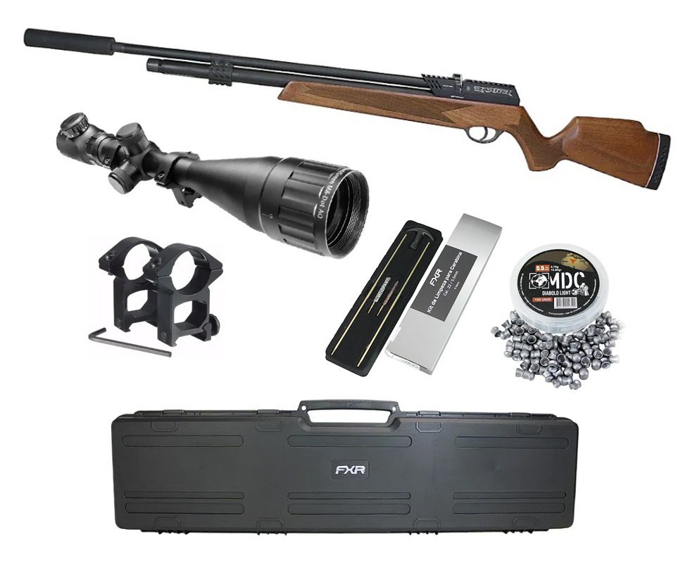 Carabina de Pressão PCP Raptor Rossi Semi Auto Madeira VR 5,5mm + Case + Luneta 6-24x50 + Chumbo + Kit de Limpeza