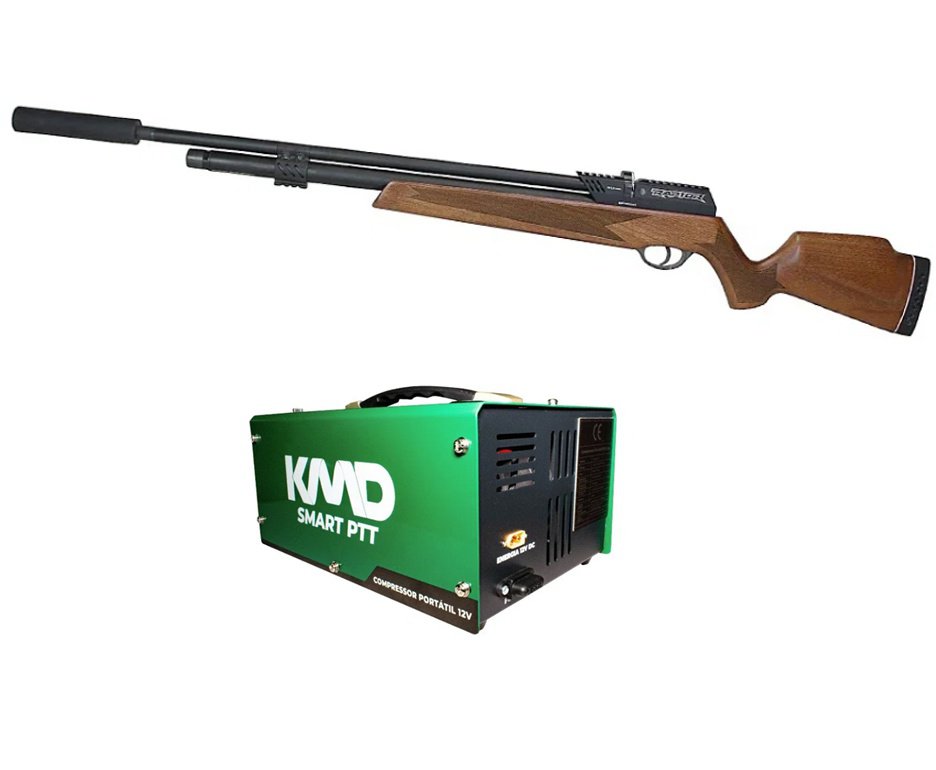 Carabina de Pressão PCP Raptor Rossi Semi Auto Madeira VR 5,5mm + Compressor Compacto portátil