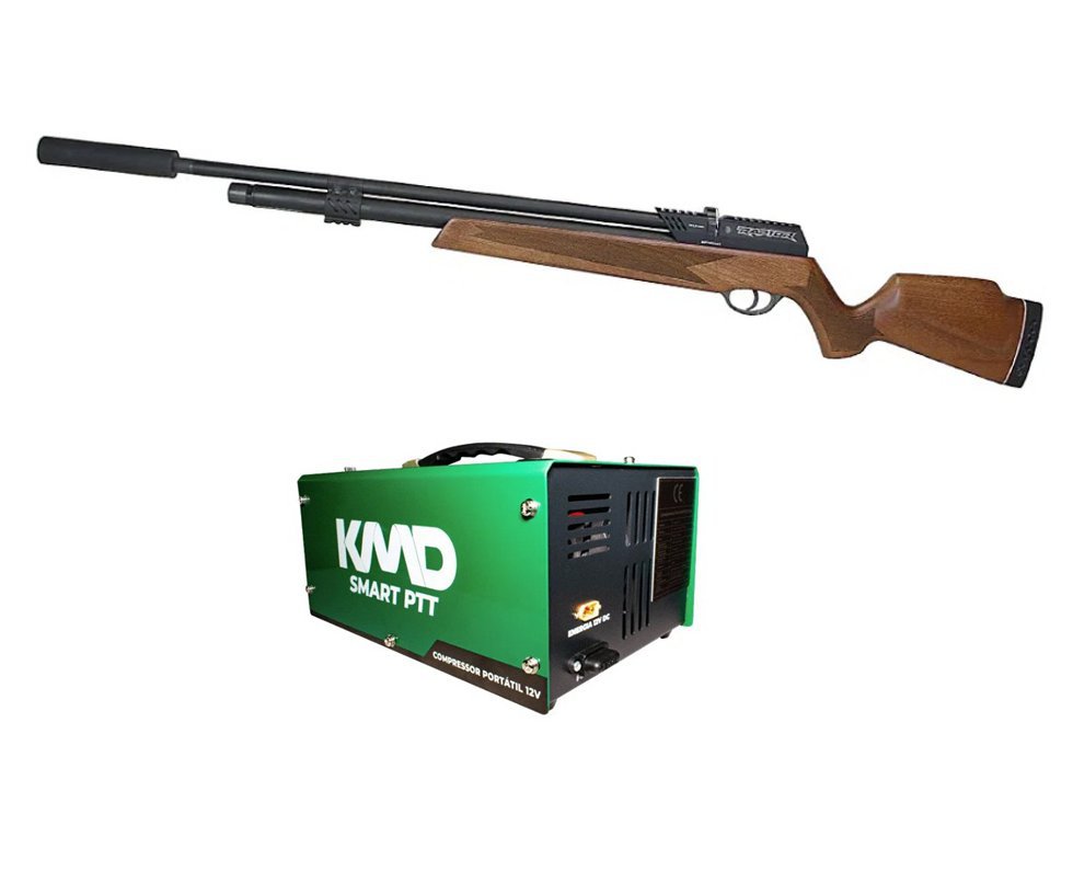 Carabina de Pressão PCP Raptor Rossi Semi Auto Madeira VR 5,5mm + Compressor Compacto portátil