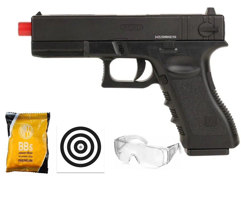 Pistola de Airsoft Glock CBT G17 Slide Metal Spring 6mm - Combat + BBS + Óculos de Proteção + Alvos