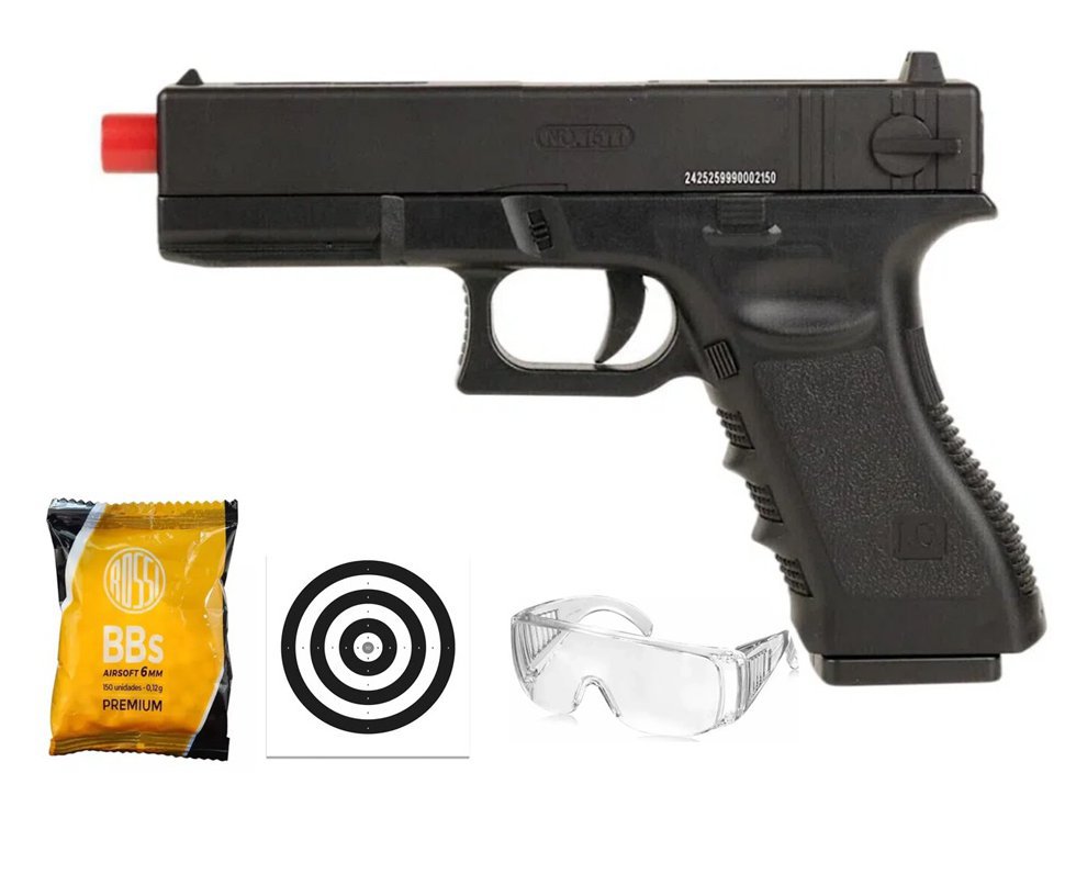 Pistola de Airsoft Glock CBT G17 Slide Metal Spring 6mm - Combat + BBS + Óculos de Proteção + Alvos