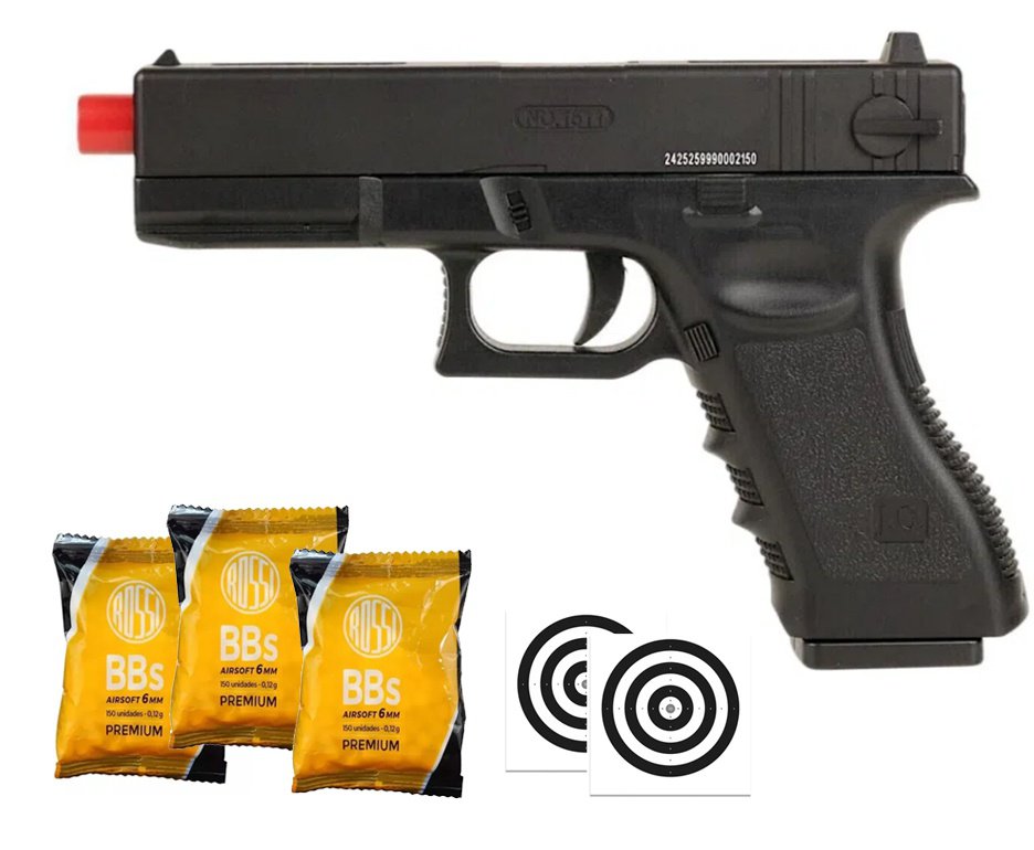Pistola de Airsoft Glock CBT G17 Slide Metal Spring 6mm - Combat + BBS + Alvos
