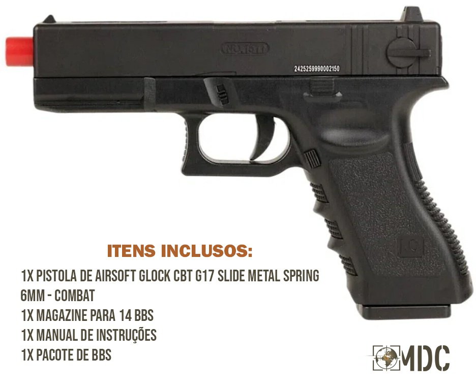 Pistola de Airsoft Glock CBT G17 Slide Metal Spring 6mm - Combat + BBS