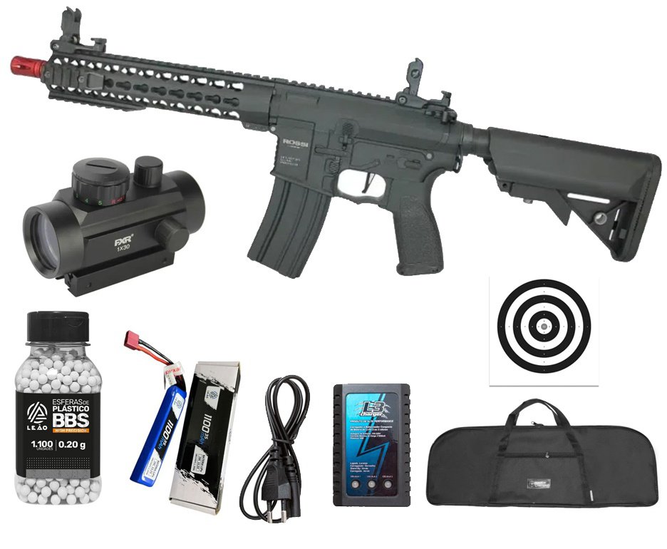 Rifle de Airsoft AR15 Neptune 10" Short ET Keymod 6mm Rossi + Capa + BBs + Bateria + Carregador + Red Dot + Alvos