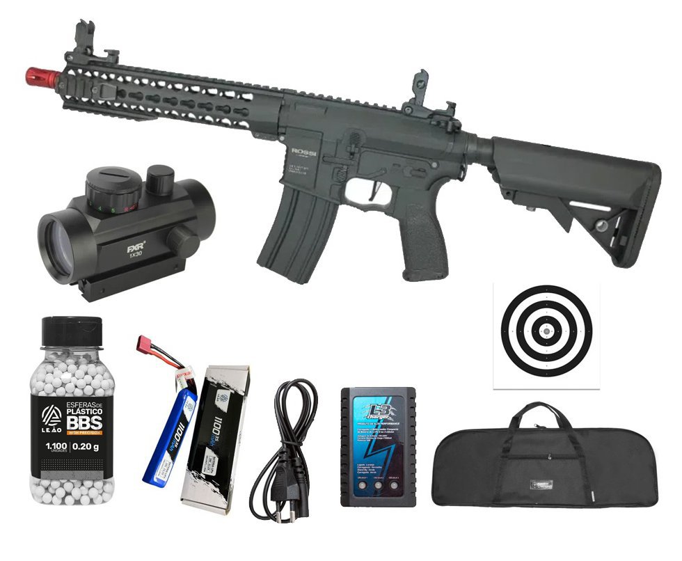 Rifle de Airsoft AR15 Neptune 10" Short ET Keymod 6mm Rossi + Capa + BBs + Bateria + Carregador + Red Dot + Alvos