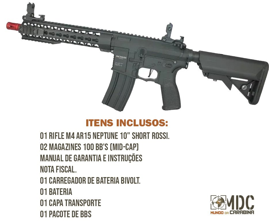 Rifle de Airsoft AR15 Neptune 10" Short ET Keymod 6mm Rossi + Capa + BBs + Bateria + Carregador + Red Dot + Alvos