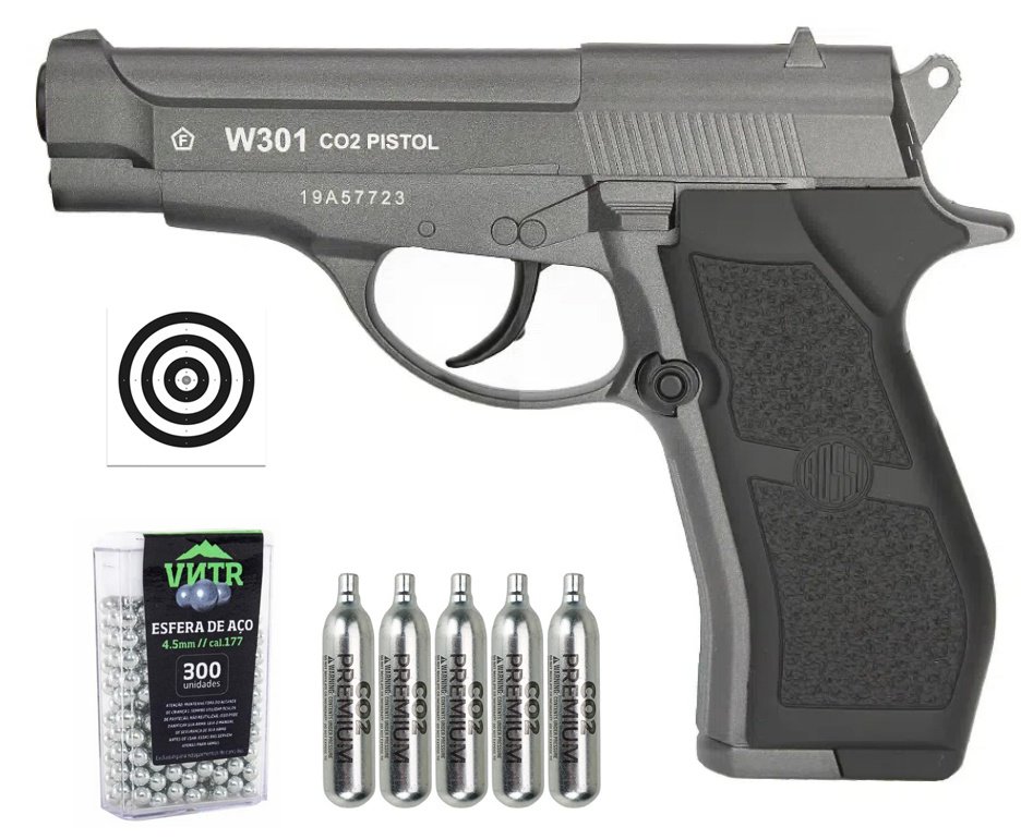 Pistola De Pressão Co2 Full Metal D301 Wingun 4,5mm + Co2 + BBS + Alvos