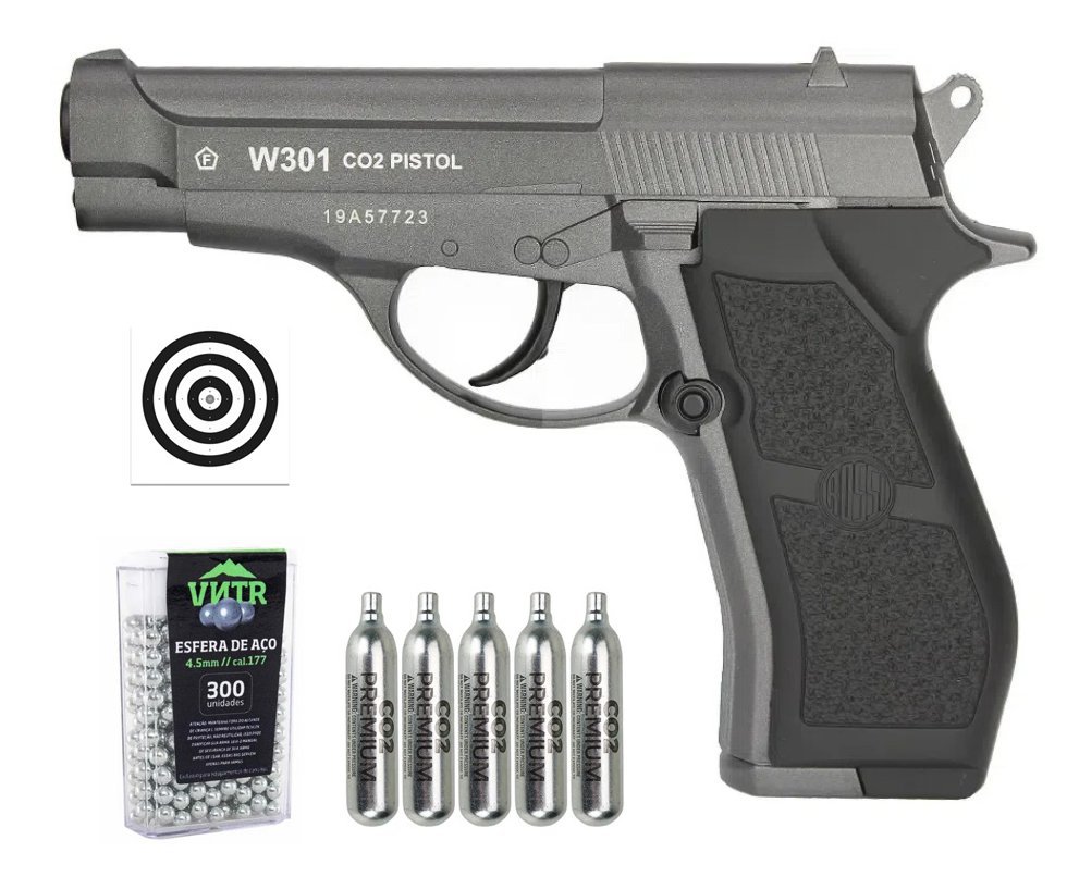 Pistola De Pressão Co2 Full Metal D301 Wingun 4,5mm + Co2 + BBS + Alvos