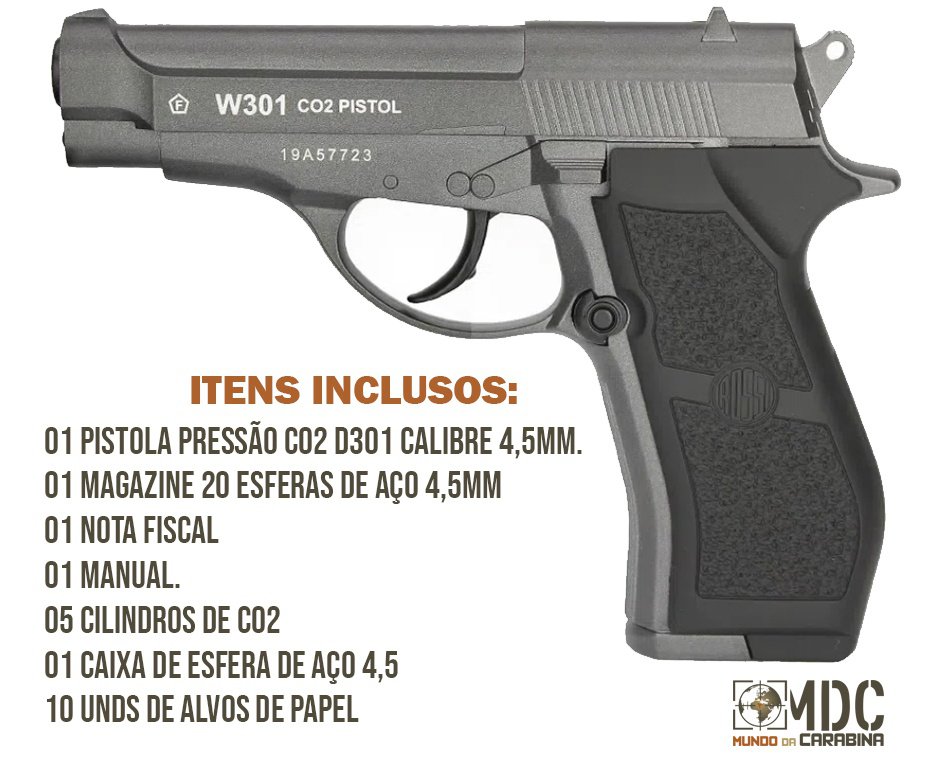 Pistola De Pressão Co2 Full Metal D301 Wingun 4,5mm + Co2 + BBS + Alvos