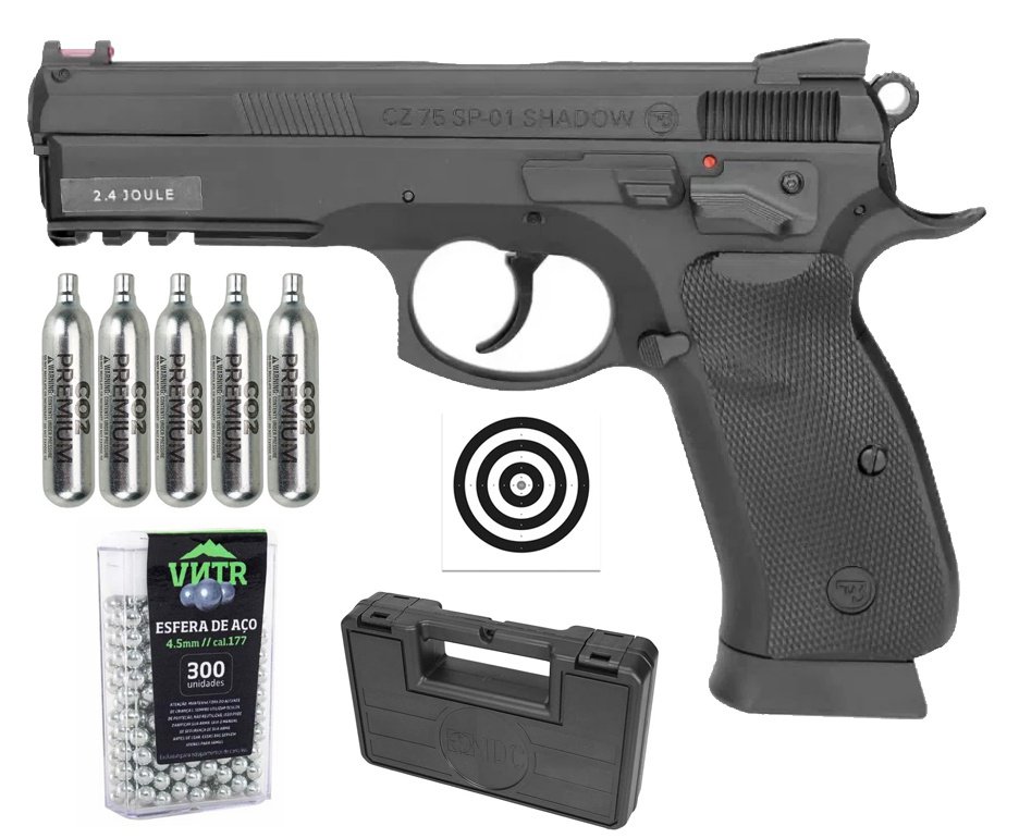 Pistola De Pressão Gás CO2 CZ 75 SP-01 Shadow 4,5mm 2,4j Licenciada ASG + Co2 + BBS + Alvos + Case