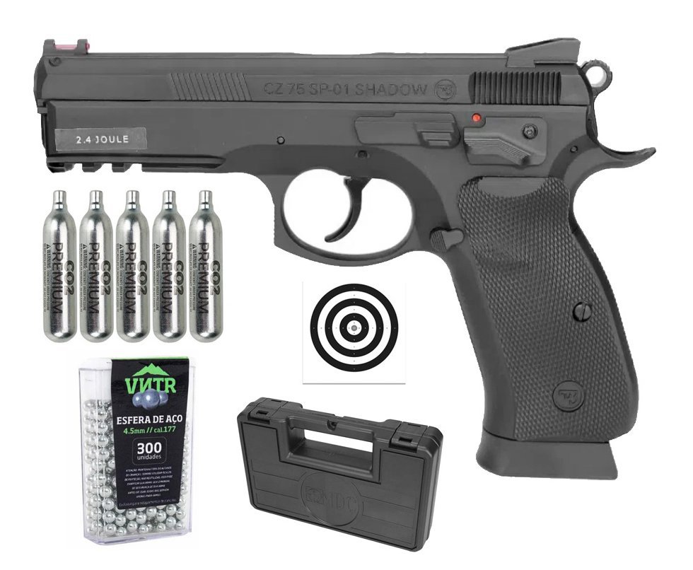 Pistola De Pressão Gás CO2 CZ 75 SP-01 Shadow 4,5mm 2,4j Licenciada ASG + Co2 + BBS + Alvos + Case