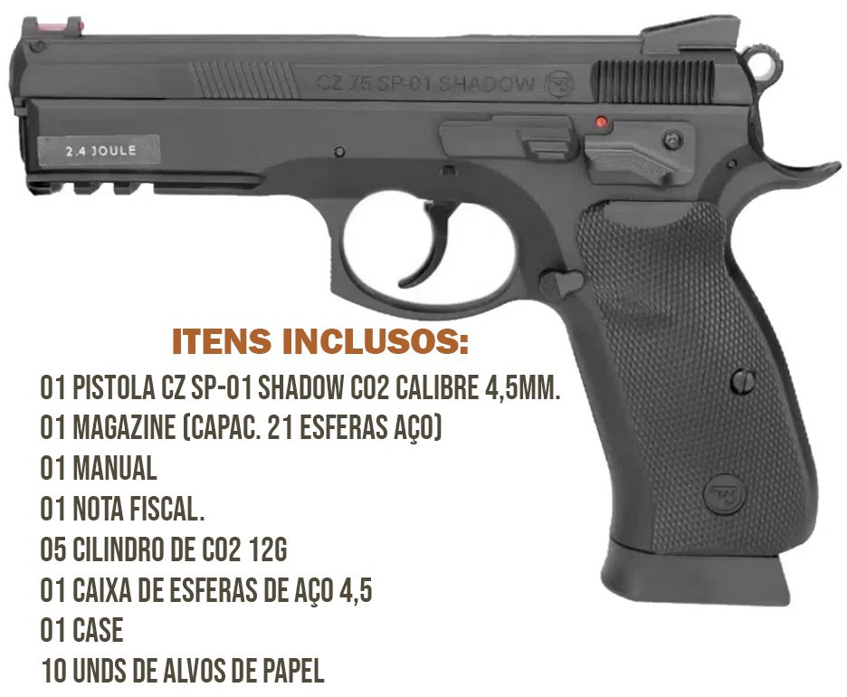 Pistola De Pressão Gás CO2 CZ 75 SP-01 Shadow 4,5mm 2,4j Licenciada ASG + Co2 + BBS + Alvos + Case