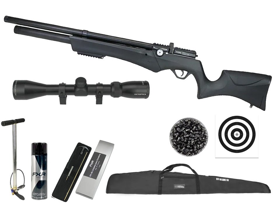 Carabina Pressão PCP Nova Vista Avenge-X X1 AS 4,5mm Preta  + Bomba + Capa + Luneta 3-9x40 + Chumbos + Alvos + Desengripante / Anticorrosivo + Kit Limpeza