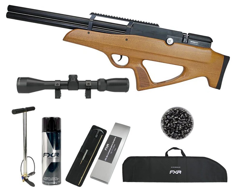 Carabina Pressão PCP Nova Vista Bullpup Behemoth PS-R2-SF 4,5mm Wood + Bomba + Capa + Luneta 3-9x40 + Chumbos + Alvos + Desengripante / Anticorrosivo + Kit Limpeza