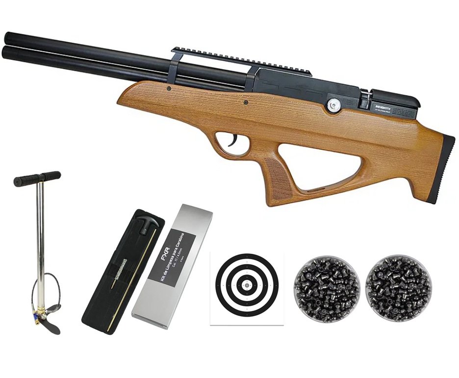 Carabina Pressão PCP Nova Vista Bullpup Behemoth PS-R2-SF 4,5mm Wood + Bomba + Chumbos + Alvos + Kit Limpeza