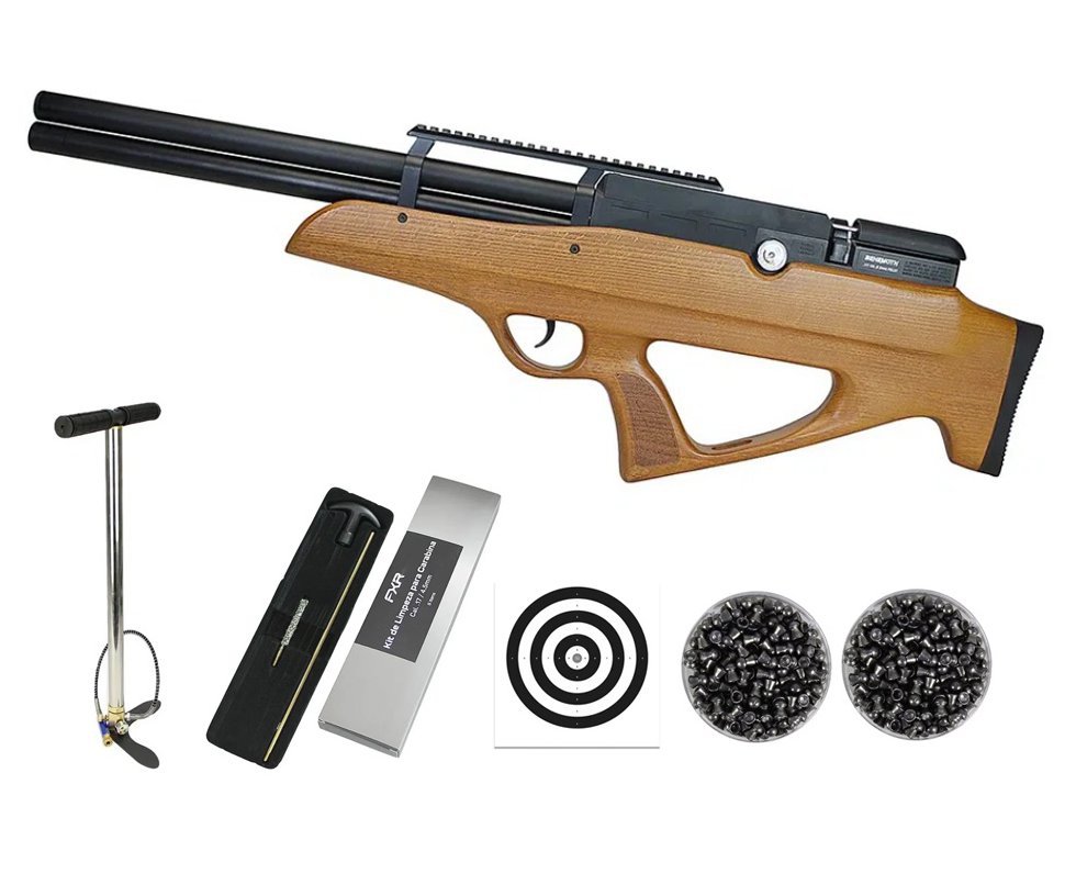 Carabina Pressão PCP Nova Vista Bullpup Behemoth PS-R2-SF 4,5mm Wood + Bomba + Chumbos + Alvos + Kit Limpeza