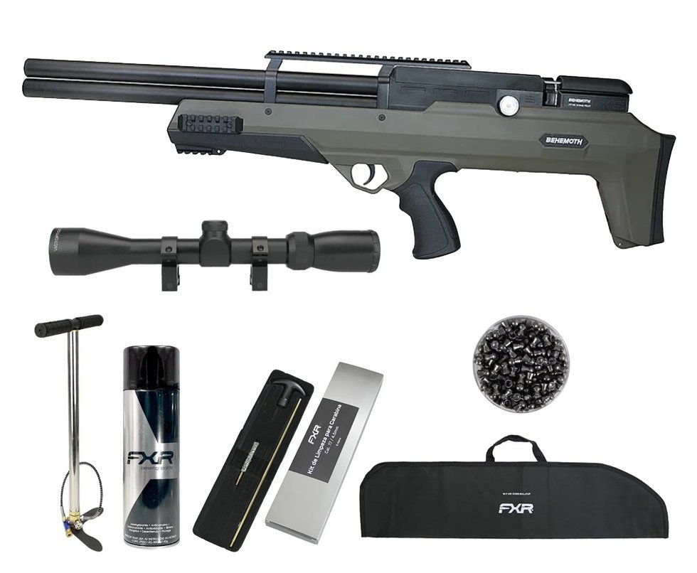 Carabina Pressão PCP Nova Vista Bullpup Behemoth PS-R2-SF 4,5mm Verde + Bomba + Capa + Luneta 3-9x40 + Chumbos + Alvos + Desengripante / Anticorrosivo + Kit Limpeza