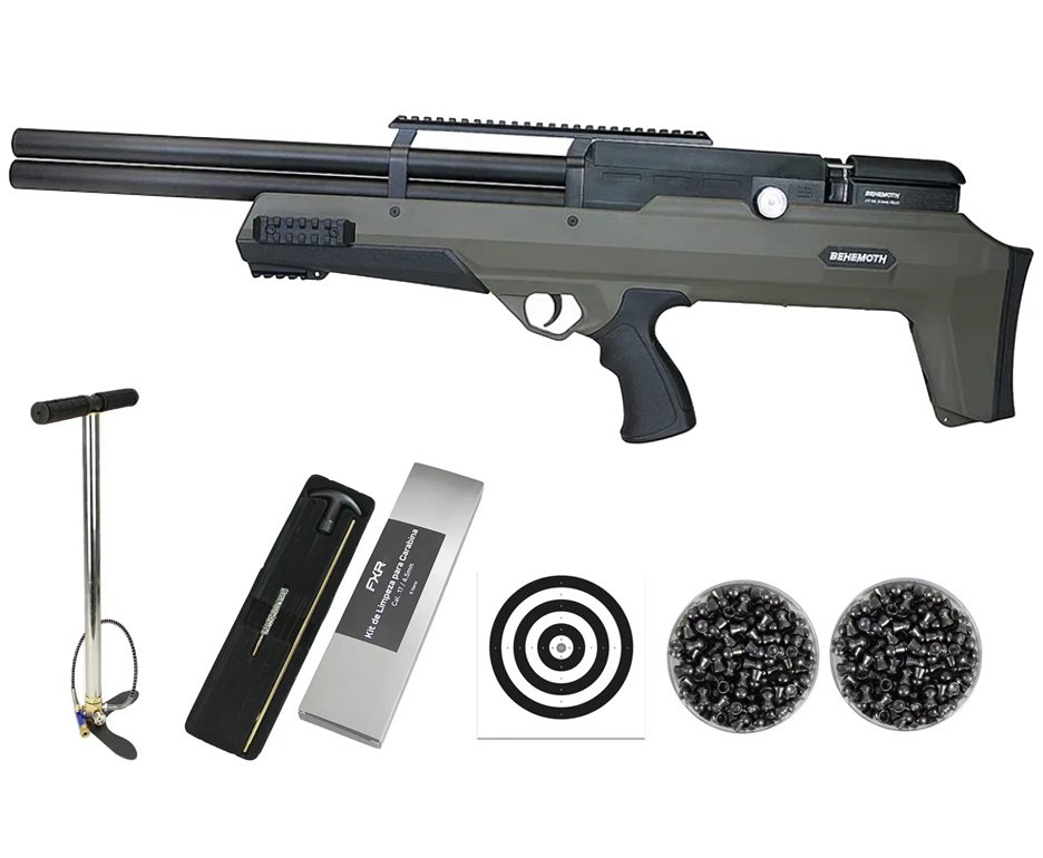 Carabina Pressão PCP Nova Vista Bullpup Behemoth PS-R2-SF 4,5mm Verde + Bomba + Chumbos + Alvos + Kit Limpeza