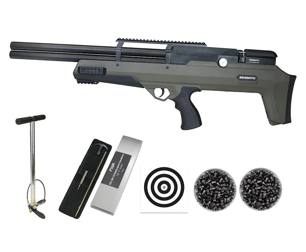 Carabina Pressão PCP Nova Vista Bullpup Behemoth PS-R2-SF 4,5mm Verde + Bomba + Chumbos + Alvos + Kit Limpeza