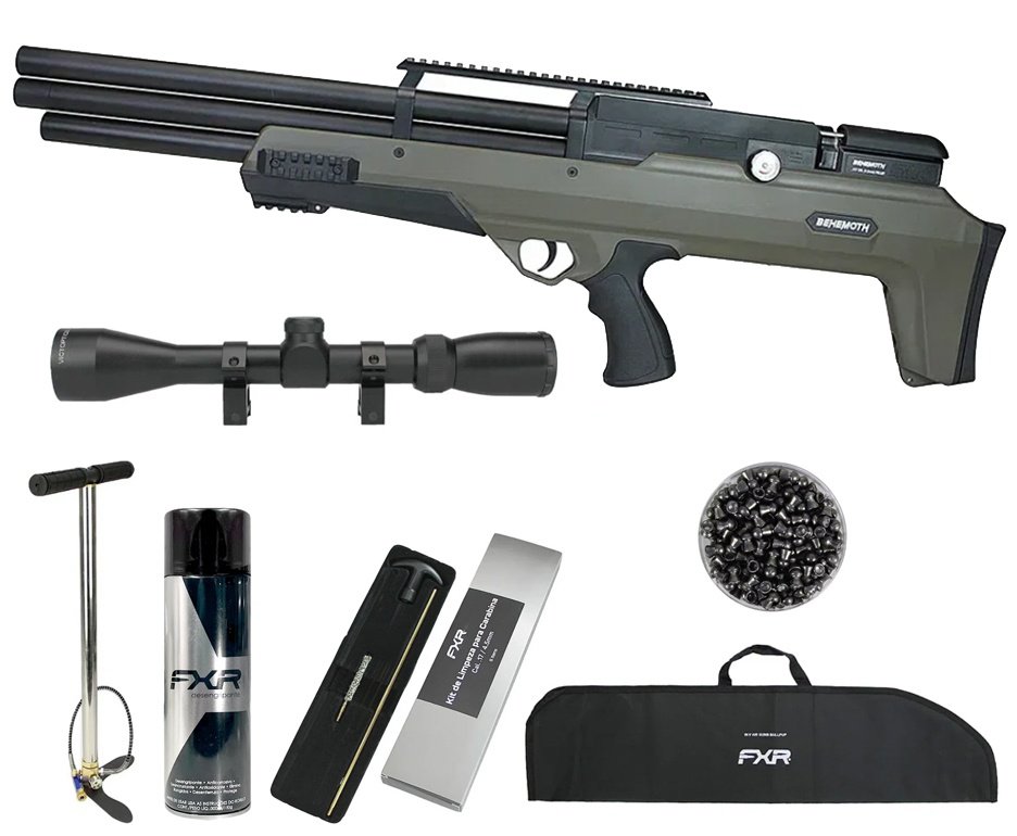 Carabina Pressão PCP Nova Vista Bullpup Behemoth PS-R3-SF 4,5mm Verde + Bomba + Capa + Luneta 3-9x40 + Chumbos + Alvos + Desengripante / Anticorrosivo + Kit Limpeza