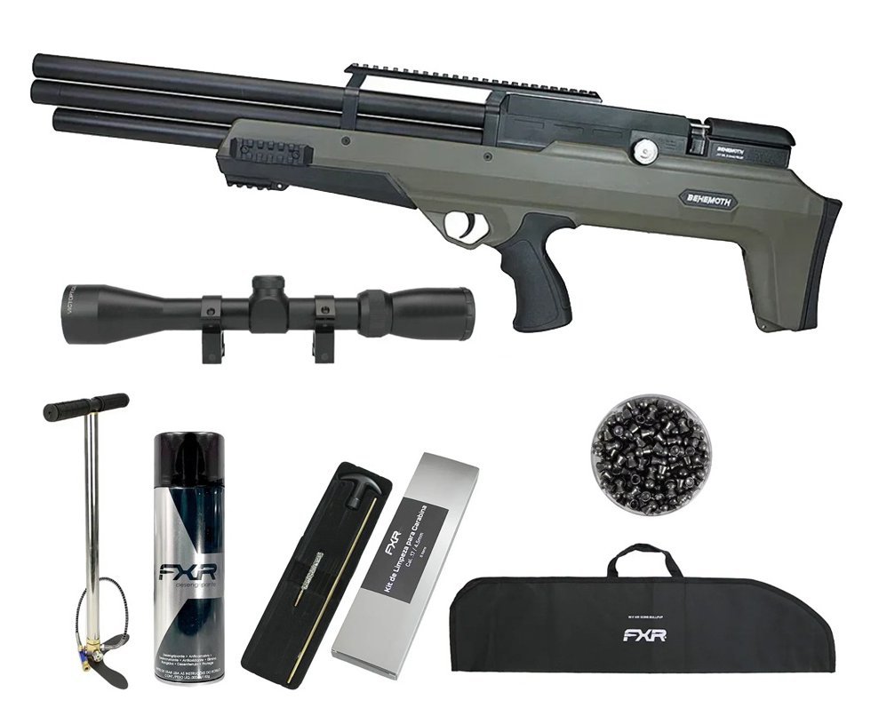 Carabina Pressão PCP Nova Vista Bullpup Behemoth PS-R3-SF 4,5mm Verde + Bomba + Capa + Luneta 3-9x40 + Chumbos + Alvos + Desengripante / Anticorrosivo + Kit Limpeza