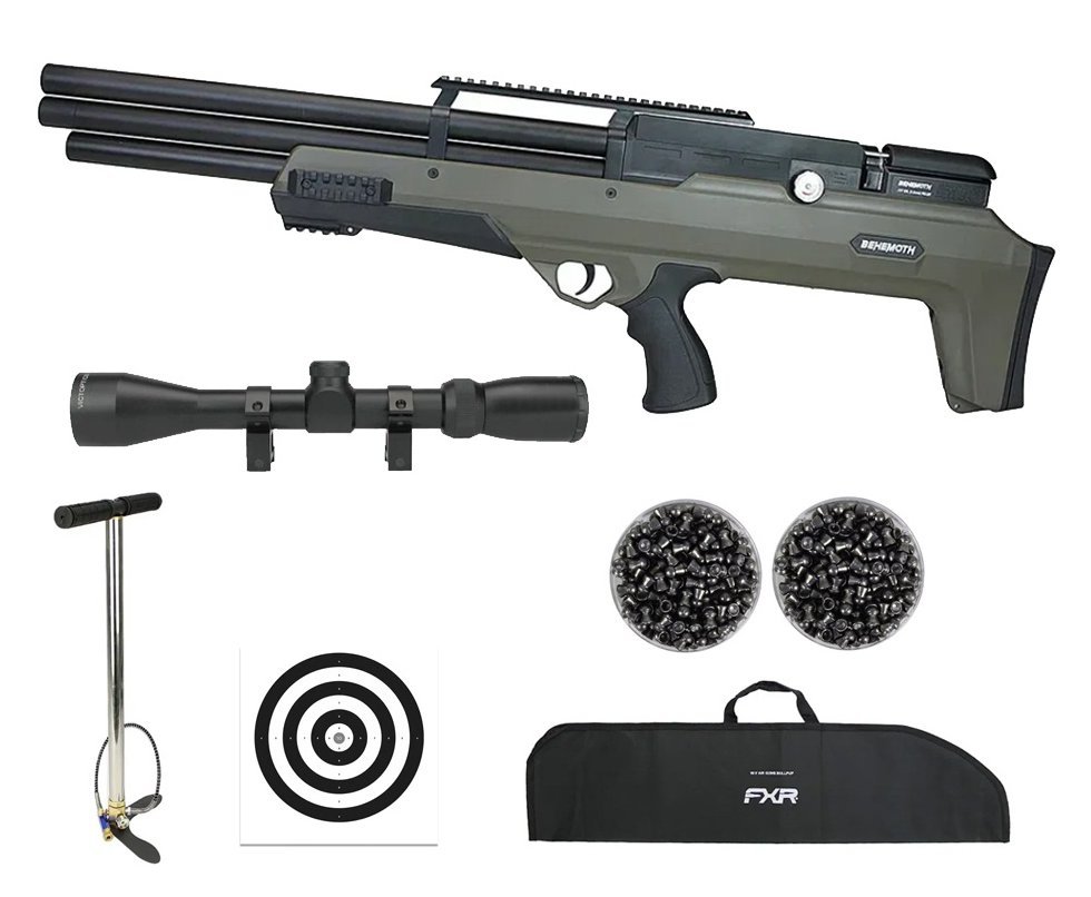 Carabina Pressão PCP Nova Vista Bullpup Behemoth PS-R3-SF 4,5mm Verde + Bomba + Capa + Luneta 3-9x40 + Chumbos + Alvos