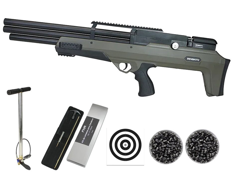 Carabina Pressão PCP Nova Vista Bullpup Behemoth PS-R3-SF 4,5mm Verde + Bomba + Chumbos + Alvos + Kit Limpeza