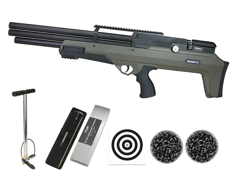 Carabina Pressão PCP Nova Vista Bullpup Behemoth PS-R3-SF 4,5mm Verde + Bomba + Chumbos + Alvos + Kit Limpeza