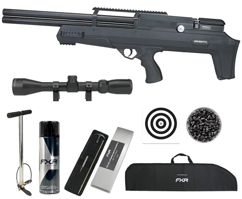 Carabina Pressão PCP Nova Vista Bullpup Behemoth PS-R2-SF 4,5mm Preta + Bomba + Capa + Luneta 3-9x40 + Chumbos + Alvos + Desengripante / Anticorrosivo + Kit Limpeza