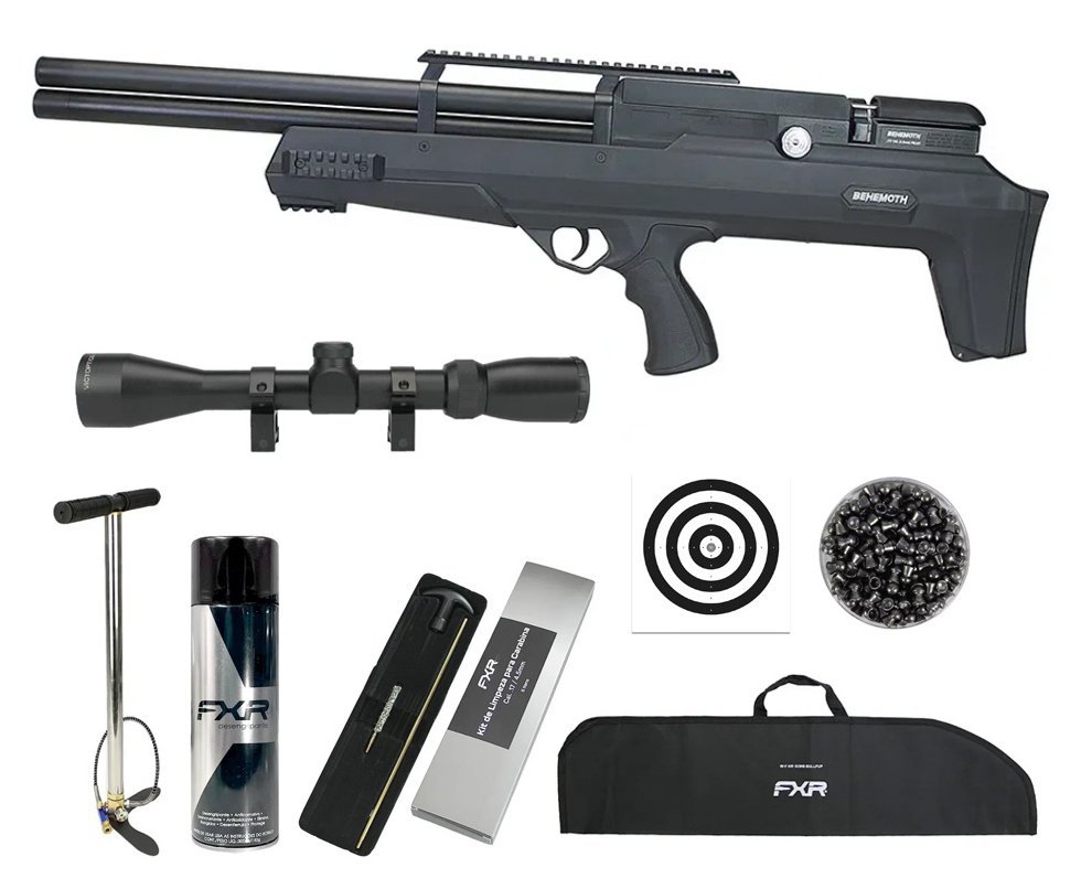 Carabina Pressão PCP Nova Vista Bullpup Behemoth PS-R2-SF 4,5mm Preta + Bomba + Capa + Luneta 3-9x40 + Chumbos + Alvos + Desengripante / Anticorrosivo + Kit Limpeza