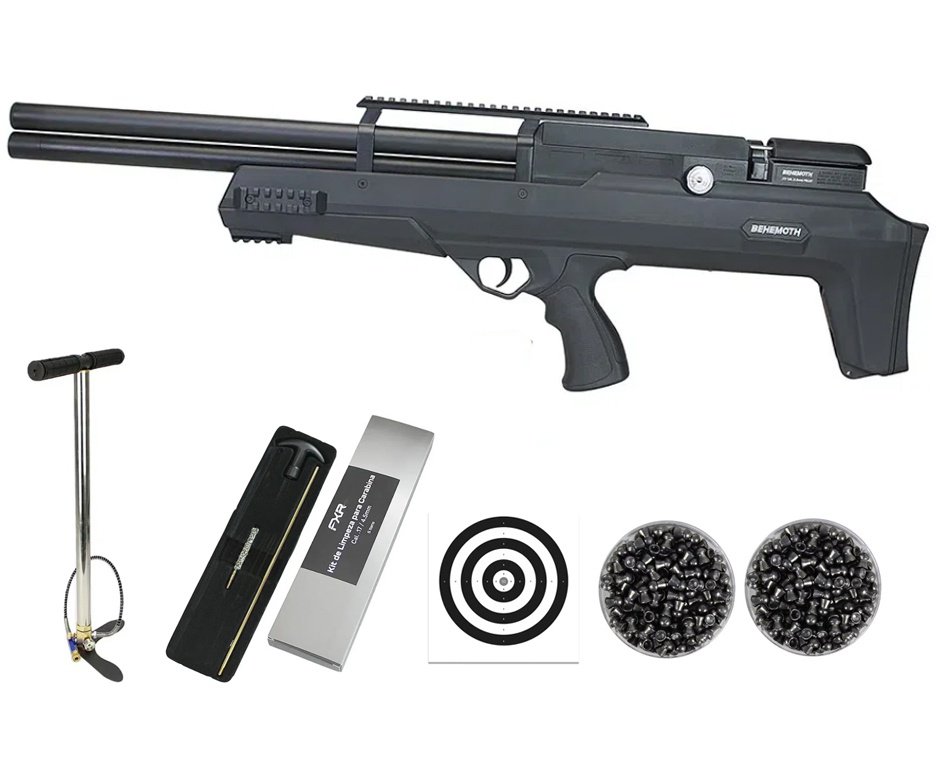 Carabina Pressão PCP Nova Vista Bullpup Behemoth PS-R2-SF 4,5mm Preta + Bomba + Chumbos + Alvos + Kit Limpeza