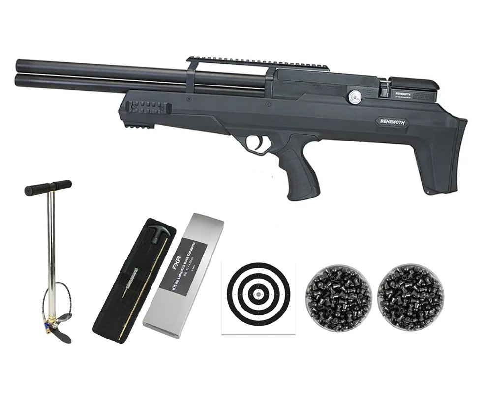 Carabina Pressão PCP Nova Vista Bullpup Behemoth PS-R2-SF 4,5mm Preta + Bomba + Chumbos + Alvos + Kit Limpeza