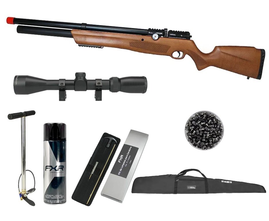 Carabina de Pressão PCP Nova Vista Avenge-X X1 AW 4,5mm Wood + Bomba + Capa + Luneta 3-9x40 + Chumbos + Alvos + Desengripante / Anticorrosivo + Kit Limpeza