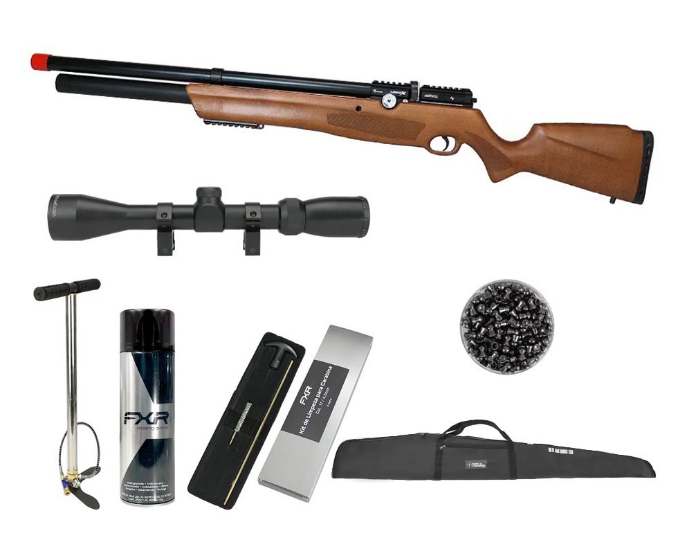 Carabina de Pressão PCP Nova Vista Avenge-X X1 AW 4,5mm Wood + Bomba + Capa + Luneta 3-9x40 + Chumbos + Alvos + Desengripante / Anticorrosivo + Kit Limpeza