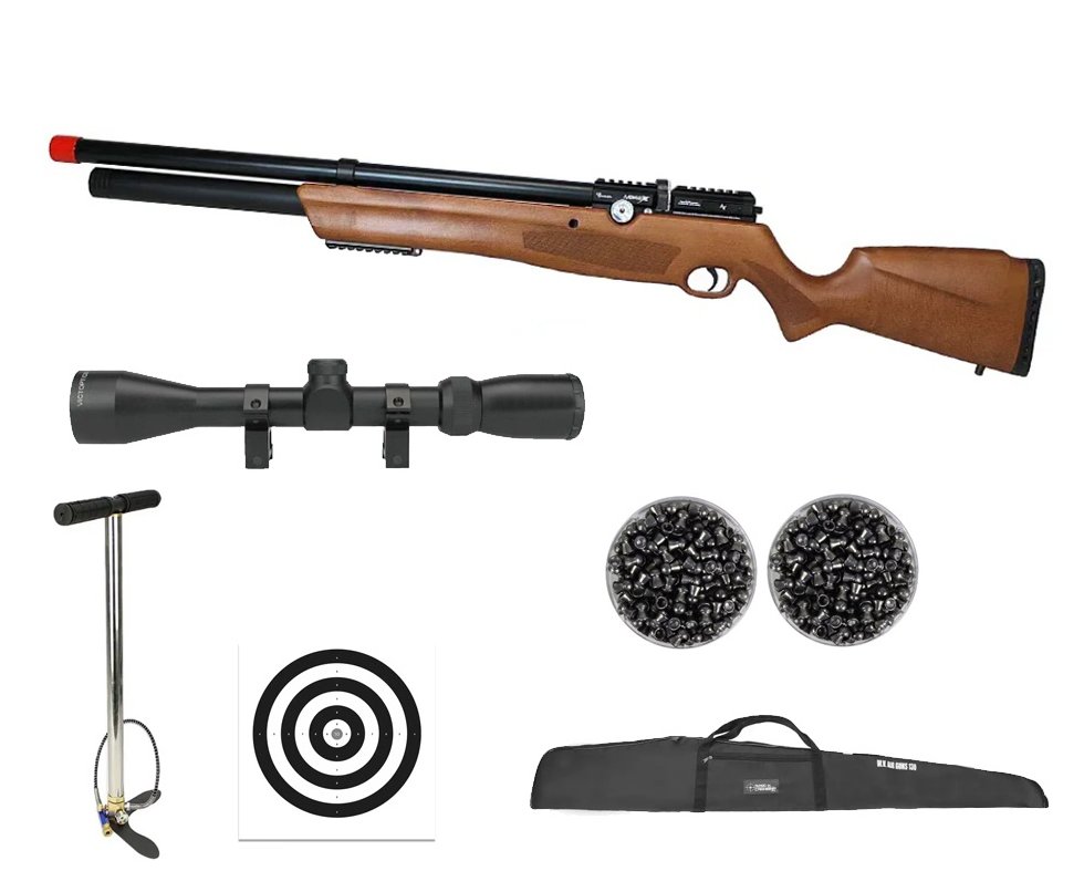 Carabina de Pressão PCP Nova Vista Avenge-X X1 AW 4,5mm Wood + Bomba + Capa + Luneta 3-9x40 + Chumbos + Alvos