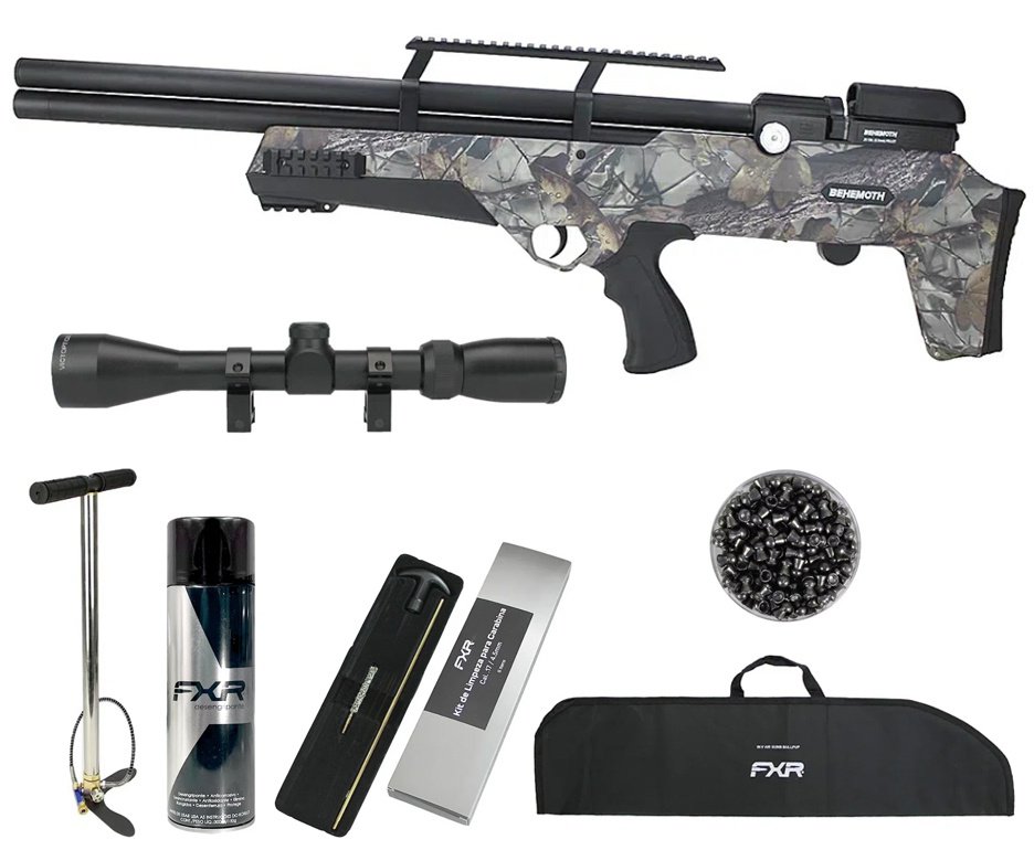 Carabina de Pressão PCP Nova Vista Bullpup Behemoth PS-R3-S 5,5 mm Camuflada + Bomba + Capa + Luneta 3-9x40 + Chumbos + Alvos + Desengripante / Anticorrosivo + Kit Limpeza