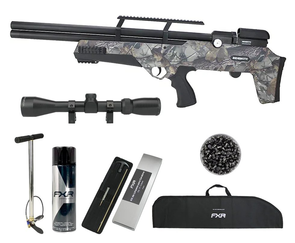 Carabina de Pressão PCP Nova Vista Bullpup Behemoth PS-R3-S 5,5 mm Camuflada + Bomba + Capa + Luneta 3-9x40 + Chumbos + Alvos + Desengripante / Anticorrosivo + Kit Limpeza